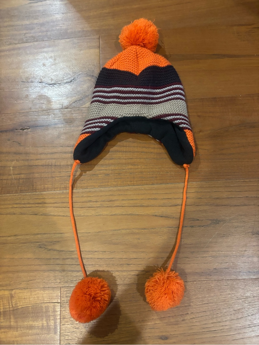 BONGO Orange Stripe Pom-Pom Earflap Beanie